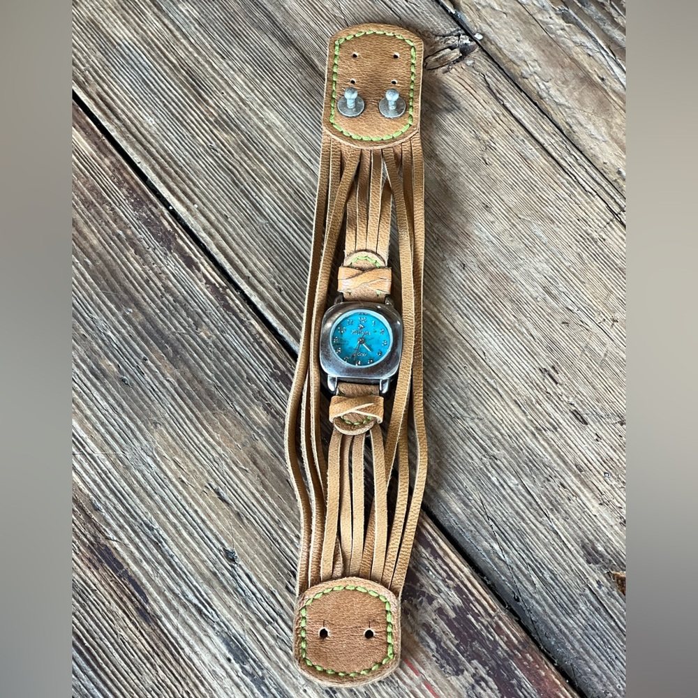 Silpada Tan Leather Fringe Cuff Watch‎ with Turquoise Dial